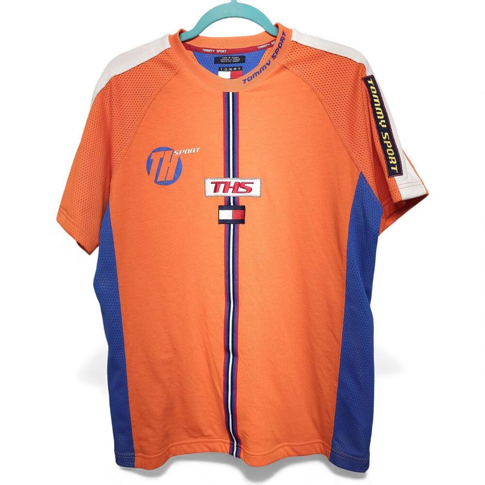 Tommy Sport Orange Blue 85 Graphic T Shirt Mens Size Medium Mesh Accents